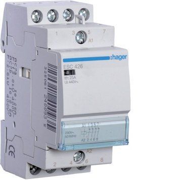 Контактор Hager ESC426 модульний 4НЗ AC1/AC7a 25A 230В 50/60Гц ширина 2М ESC426 фото