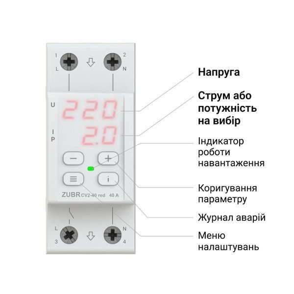 Реле напруги з контролем струму ZUBR CV2-40 red 40А 1 фаза CV2-40 red фото